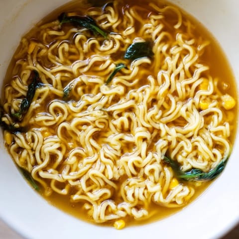 Creamy Elevated Ramen Egg Drop Soup featuring fresh spinach, sweet corn, and a garnish of sesame seeds.