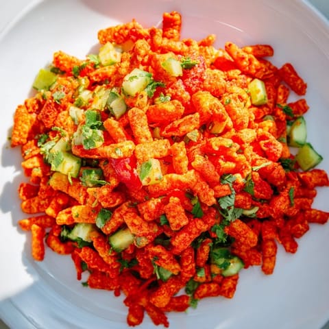 Colorful Flamin Hot Cheeto Salad served in a white bowl, topped with a squeeze of lime and extra heat.