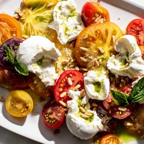 Glossy heirloom tomatoes and torn burrata drizzled with basil oil, sprinkled with flaky salt and black pepper for serving.