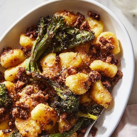 Golden-brown gnocchi, crumbled sausage, and charred broccolini roasted on a parchment-lined sheet pan, garnished with fresh basil.