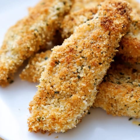 Family-style basket of Crispy Panko Chicken Strips, paired with fresh lemon wedges and parsley garnish.