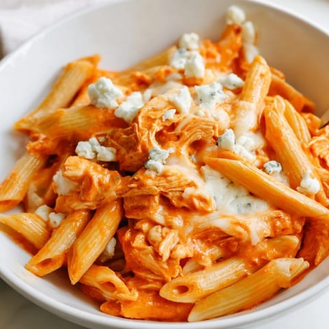 A hearty serving of Buffalo Chicken Pasta featuring tender shredded chicken, penne pasta, and a spicy, tangy cheese finish.