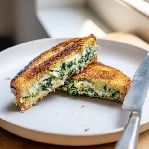 Hearty spinach artichoke grilled cheese sandwiches rest beside a bowl of warm tomato soup.  