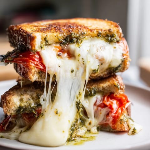 Golden-brown Roasted Tomato Pesto Grilled Cheese slices on a wooden board, revealing melted mozzarella and sharp cheddar with caramelized tomatoes and basil pesto.  