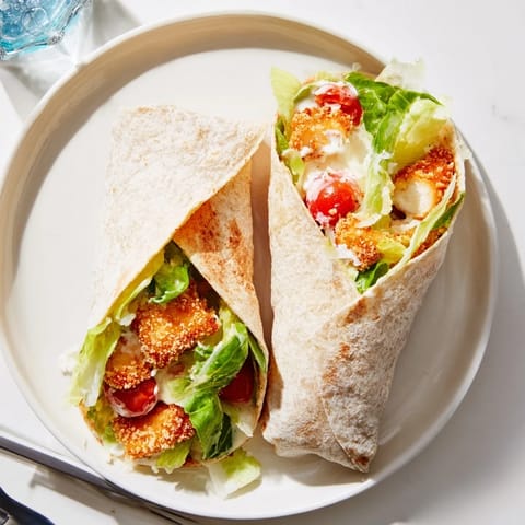 A handheld Hot Honey Chicken Caesar Wrap filled with creamy romaine, Parmesan, and drizzled with bold sweet-spicy glaze.  