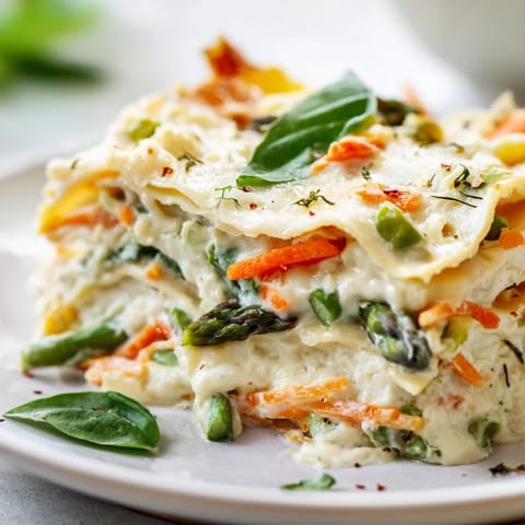 Fresh zucchini and snap peas in Spring Veggie Alfredo Lasagna, garnished with basil and Parmesan.