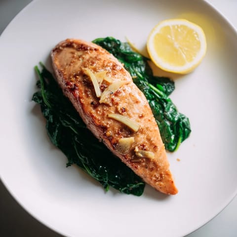 A close-up of miso salmon on sautéed spinach, showcasing a glossy, caramelized glaze and vibrant green leaves garnished with lemon.