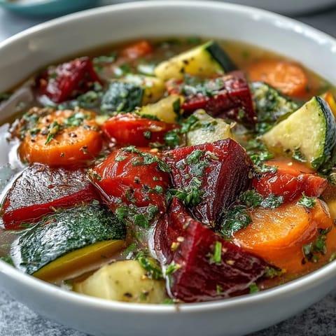 A steaming bowl of Rainbow Vegetable Detox Soup featuring bright red beets, orange carrots, and green zucchini, garnished with fresh parsley and dill.