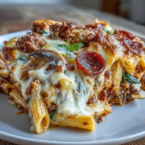 A close-up of the High Protein Italian Beef and Pasta Bake, featuring melted mozzarella and Parmesan cheese bubbling over a savory beef and vegetable sauce.  