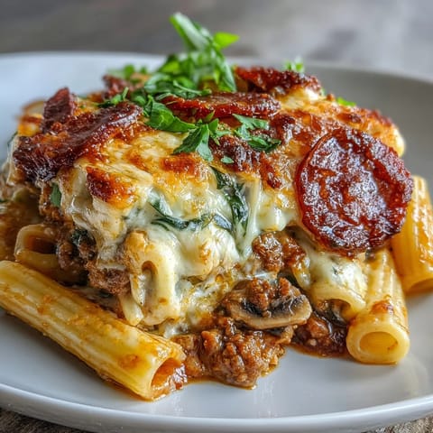 The High Protein Italian Beef and Pasta Bake, a hearty one-dish meal with whole wheat penne, lean ground beef, and fresh basil garnish.  