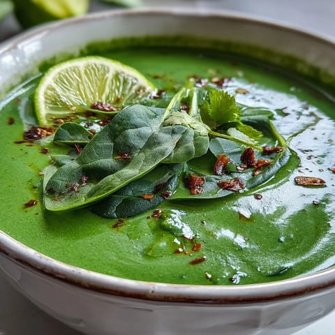 A close-up of creamy Spinach Coriander Lemongrass Soup in a white bowl, garnished with fresh cilantro leaves and lime wedges, steam rising.