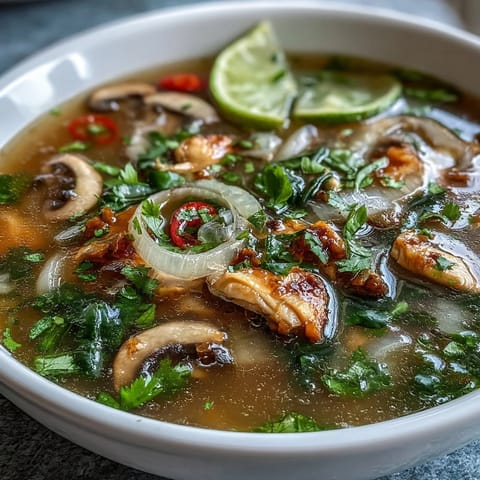 Close-up of Tom Yum Chicken garnished with cilantro and spring onions, served alongside lime wedges and fluffy white rice.
