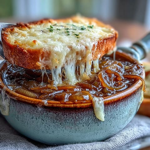 Hearty French Onion Soup served bubbling hot, featuring deeply caramelized onions and a toasted bread crouton under rich Gruyère.