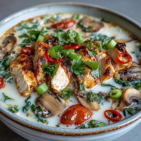 Creamy Best Ever Tom Kha Gai Soup served with steamed jasmine rice.