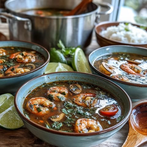 Thai Tom Yum Soup with plump shrimp and mushrooms, garnished with cilantro and lime.