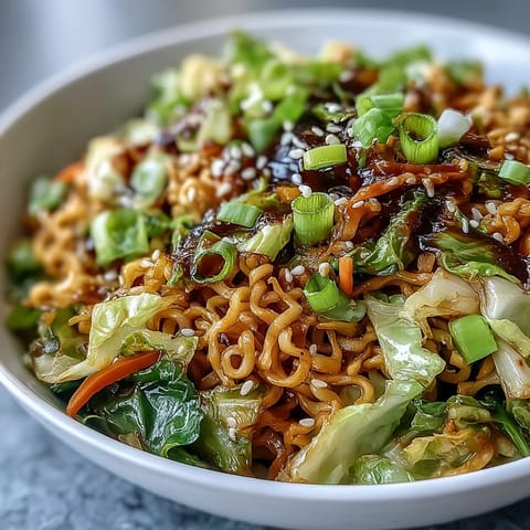 A serving bowl of Fried Cabbage Ramen topped with fresh scallions and sesame seeds, ready to eat.