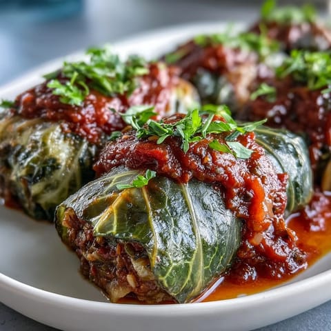 Freshly baked Baked Vegan Cabbage Rolls on a rustic plate, garnished with parsley and ready to serve with a side of crusty bread.