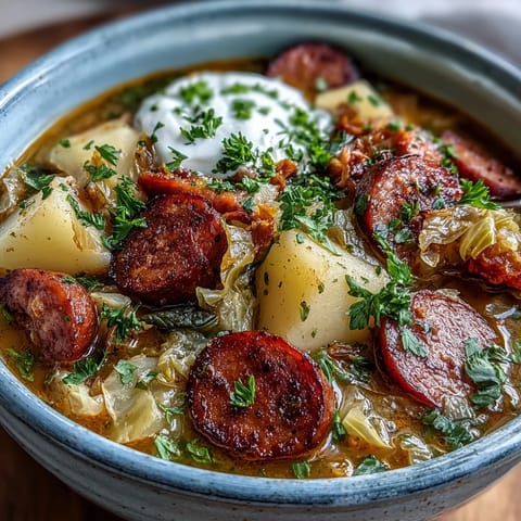 A rustic bowl of Sausage, Potato and Cabbage Soup garnished with fresh parsley and a dollop of sour cream, steaming warmly.