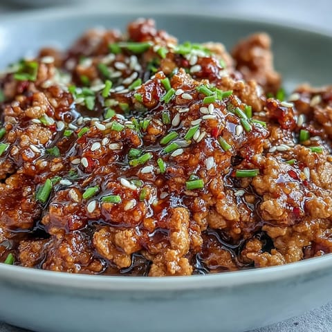 Fork-tender Korean-Style Ground Turkey simmered in a glossy, spicy-sweet sauce, finished with toasted sesame seeds and fresh chives.