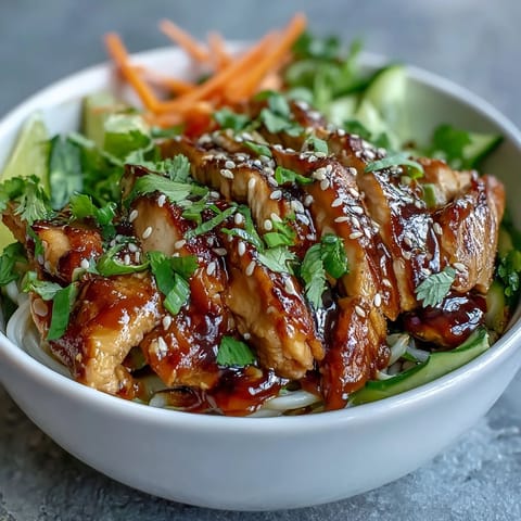 Steaming Asian Chicken Noodle Bowl in a white bowl, garnished with fresh cilantro and sesame seeds.