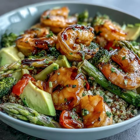 Freshly sautéed shrimp and bright blanched veggies sit atop fluffy quinoa in this Rainbow Vegetable Detox Bowl, drizzled with tangy balsamic dressing.