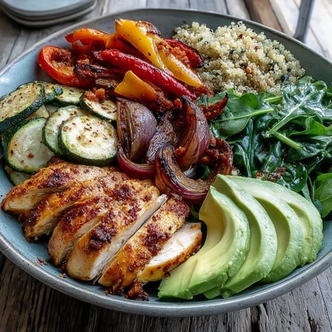 Warm paprika roasted vegetable quinoa bowl with golden chicken, creamy avocado, and lemon salad.