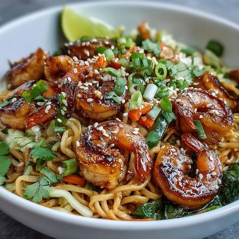 Fork-tender grilled shrimp and colorful veggies top the 15-Minute Asian Noodle Bowl on a white ceramic plate.