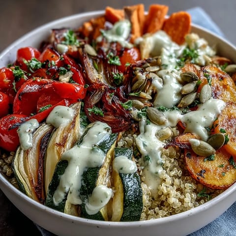 A close-up of a Roasted Vegetable Quinoa Bowl, showing charred bell peppers and zucchini on fluffy quinoa, drizzled with creamy tahini sauce.