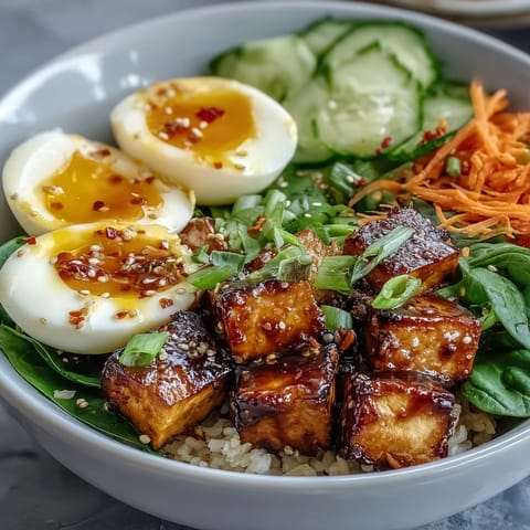 Close-up of the Tofu Jammy Egg Breakfast Bowl revealing golden tofu and a halved jammy egg drizzled with ginger scallion sauce.