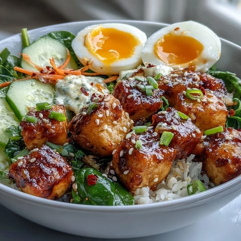A vibrant bowl of Tofu Jammy Egg Breakfast Bowl with fresh greens, carrots, and warm jasmine rice ready to eat.