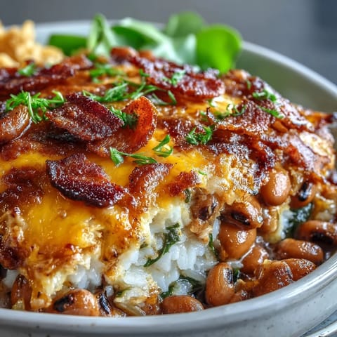 Golden, bubbly sharp cheddar tops a Tex Mex Black Eyed Pea Casserole with rice and spinach.
