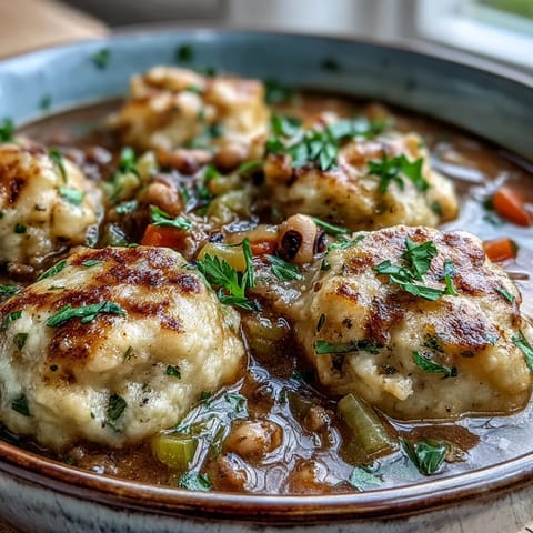 Hearty Black-Eyed Peas and Sausage Dumplings stew with fluffy cornmeal dumplings steaming in a Dutch oven.