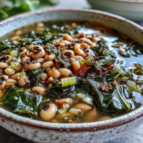A rustic bowl of Black-Eyed Peas With Collard Greens, topped with a wedge of golden cornbread and a dash of hot sauce.
