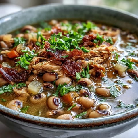 Black-Eyed Peas With Smoked Turkey simmering in a Dutch oven, featuring tender peas, carrots, celery, and shredded smoked turkey meat.