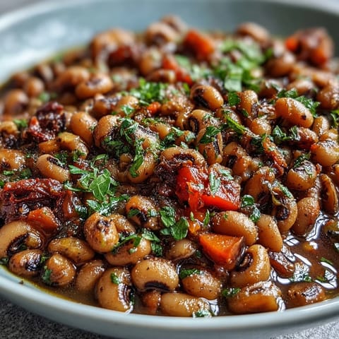 Slow-cooked Greek-Style Black-Eyed Peas with tomatoes and oregano in a rustic ceramic bowl, garnished with fresh parsley.
