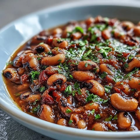 Tender Greek-Style Black-Eyed Peas simmered in a rich tomato broth, served hot with lemon wedges and a sprinkle of feta.