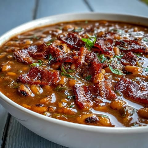A hearty bowl of Texas Black-Eyed Peas topped with fresh cilantro and green onions, served alongside cornbread.