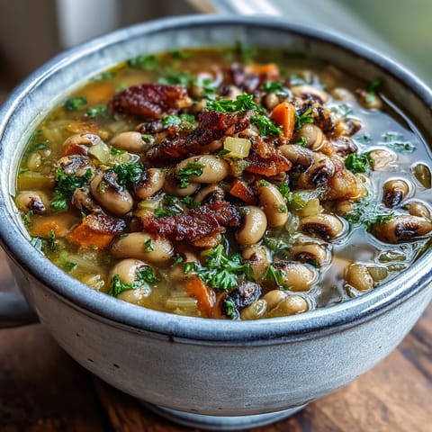 A rustic Dutch oven of Black-Eyed Peas and Bacon Soup simmering on a stovetop with carrots and celery visible.