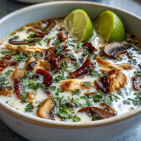 Spicy Tom Kha Soup simmering in a pot, featuring sliced chicken, mushrooms, and aromatic Thai herbs.