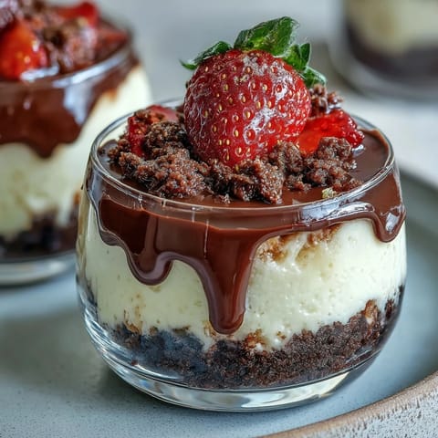 Luscious no-bake cheesecake cups featuring chocolate digestive crust, smooth cream cheese filling, and juicy strawberries topped with dark chocolate ganache.