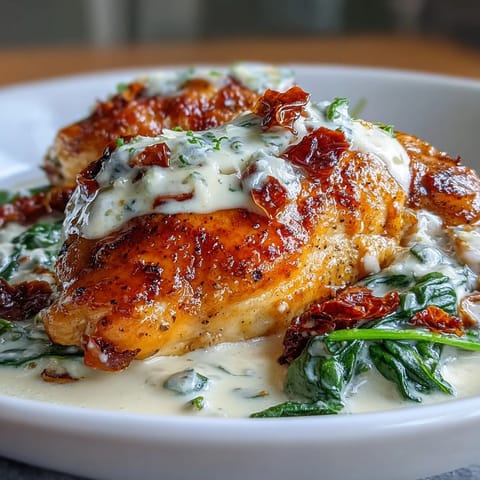 Creamy Tuscan Chicken Skillet with tender chicken in a rich garlic cream sauce with spinach and sun-dried tomatoes.