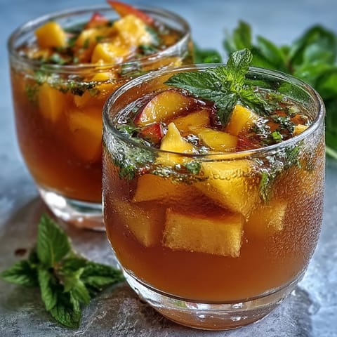 Refreshing mango peach iced tea with mint, served over ice and garnished with fresh mint leaves and fruit slices.
