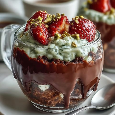 Crispy kataifi pastry cups filled with dark chocolate and strawberry-topped pistachio cream, a Middle Eastern-inspired dessert.  