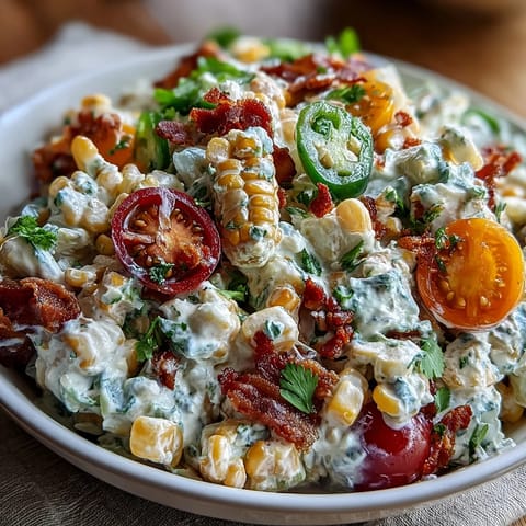Creamy Corn Salad with Jalapeño bursts with sweet corn, colorful veggies, and a zesty, smoky dressing in this summer side dish.