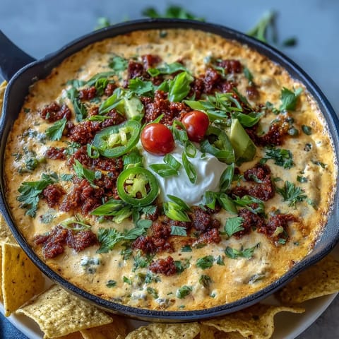 Creamy Cinco de Mayo Loaded Queso Dip with chorizo and pico de gallo, served warm with crispy tortilla chips.