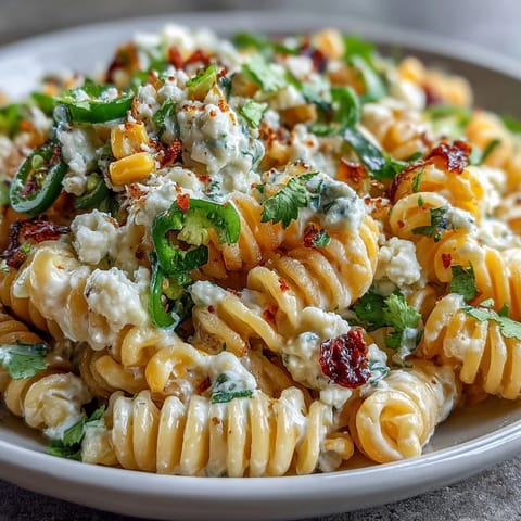 Creamy elote corn pasta salad with Cotija cheese, lime dressing, and charred sweet corn in a vibrant Mexican-inspired dish.