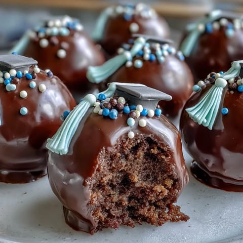 Festive graduation cake pops in school colors, featuring chocolate coating and mini tassel details for a sweet treat.