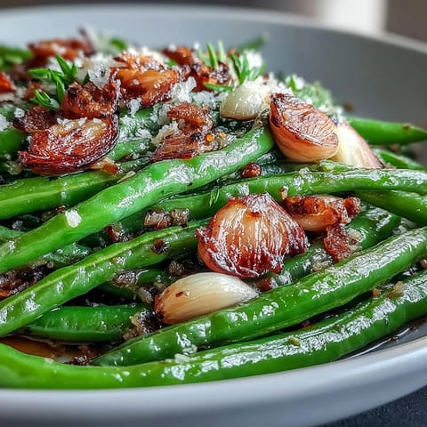 Roasted Garlic Green Beans with lemon zest, caramelized garlic, and toasted almonds.