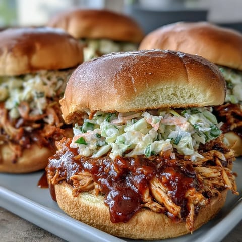 Juicy pulled BBQ chicken piled high on soft brioche buns with tangy coleslaw for a classic American sandwich.  