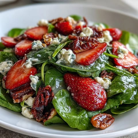 Vibrant spring salad with baby spinach, strawberries, goat cheese, and candied pecans in balsamic vinaigrette.  